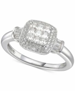 Macy's Cubic Zirconia Square Cluster Halo Ring In Sterling Silver