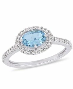 Macy's Aquamarine (5/8 Ct.t.w.) And Diamond (1/4 Ct.t.w.) Halo Ring In 10k White Gold