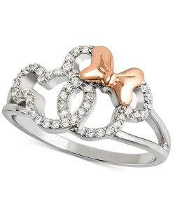 Disney Cubic Zirconia Mickey & Minnie Openwork Ring In Sterling Silver & 18k Rose Gold-Plate