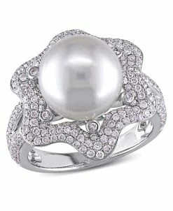 Macy's South Sea Cultured Pearl (10-10.5mm) And Diamond (1 Ct. T.w.) Floral Halo Cocktail Ring In 14k White Gold