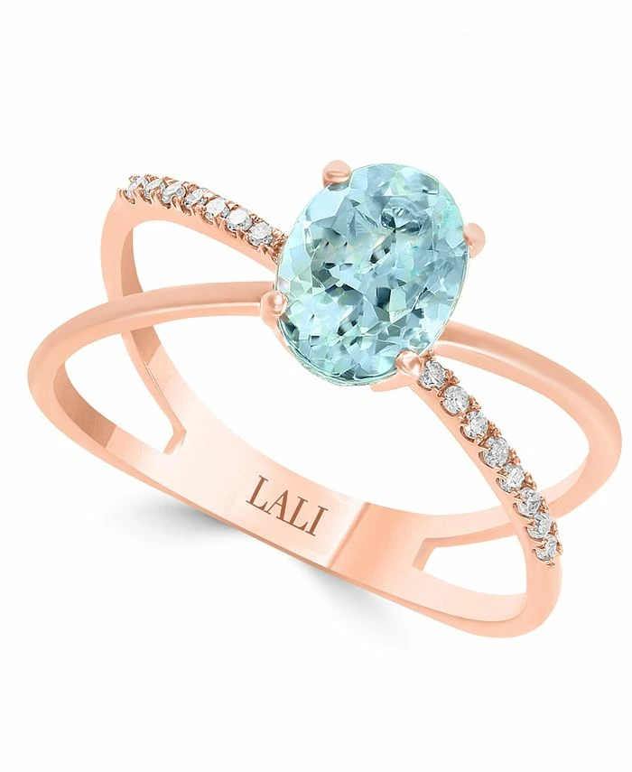 LALI Jewels Quamarine (1-1/16 Ct. T.w.) & Diamond (1/20 Ct. T.w.) Crisscross Statement Ring In 14k Rose Gold 1 LALI Jewels Quamarine (1-1/16 Ct. T.w.) & Diamond (1/20 Ct. T.w.) Crisscross Statement Ring In 14k Rose Gold