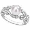 Macy's Cultured Freshwater Pearl (7mm) & Diamond Accent Openwork Ring In Sterling Silver