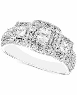 Macy's Diamond 3-Stone Princess-Cut Halo Ring (1 Ct. T.w.) In 14k White Gold