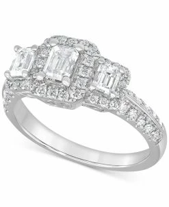 Macy's Diamond Emerald-Cut Three Stone Halo Ring (1-1/2 Ct. T.w.) In 14k White Gold