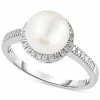 Macy's Cultured Freshwater Pearl (8mm) & Diamond (1/8 Ct. T.w.) Halo Ring In 14k White Gold