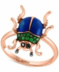 EFFY Collection ® Tsavorite (1/6 Ct. T.w.) & Black Diamond Accent Beetle Ring In Blue Enamel & 14k Rose Gold