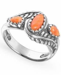 American West Sterling Silver Gemstone Leaf Rosette Design 3-Stone Ring