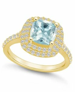Macy's Aquamarine And Diamond Accent Halo Ring In 14K Yellow Gold