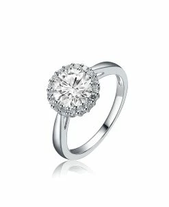 Genevive Sterling Silver White Gold Plated Halo Round Clear Cubic Zirconia Solitaire Ring