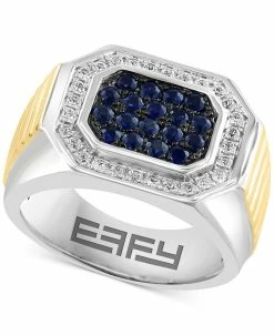 EFFY Collection ® Men's Sapphire (7/8 Ct. T.w.) & White Sapphire (1/5 Ct. T.w.) Cluster Halo Ring In Sterling Silver & 18k Gold-Plate